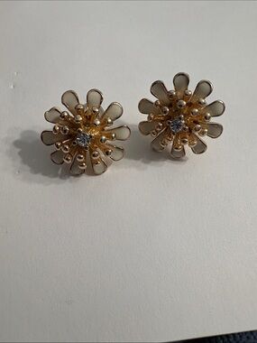 Gold Floral Crystal Center Stud Earrings - White Petal Accent